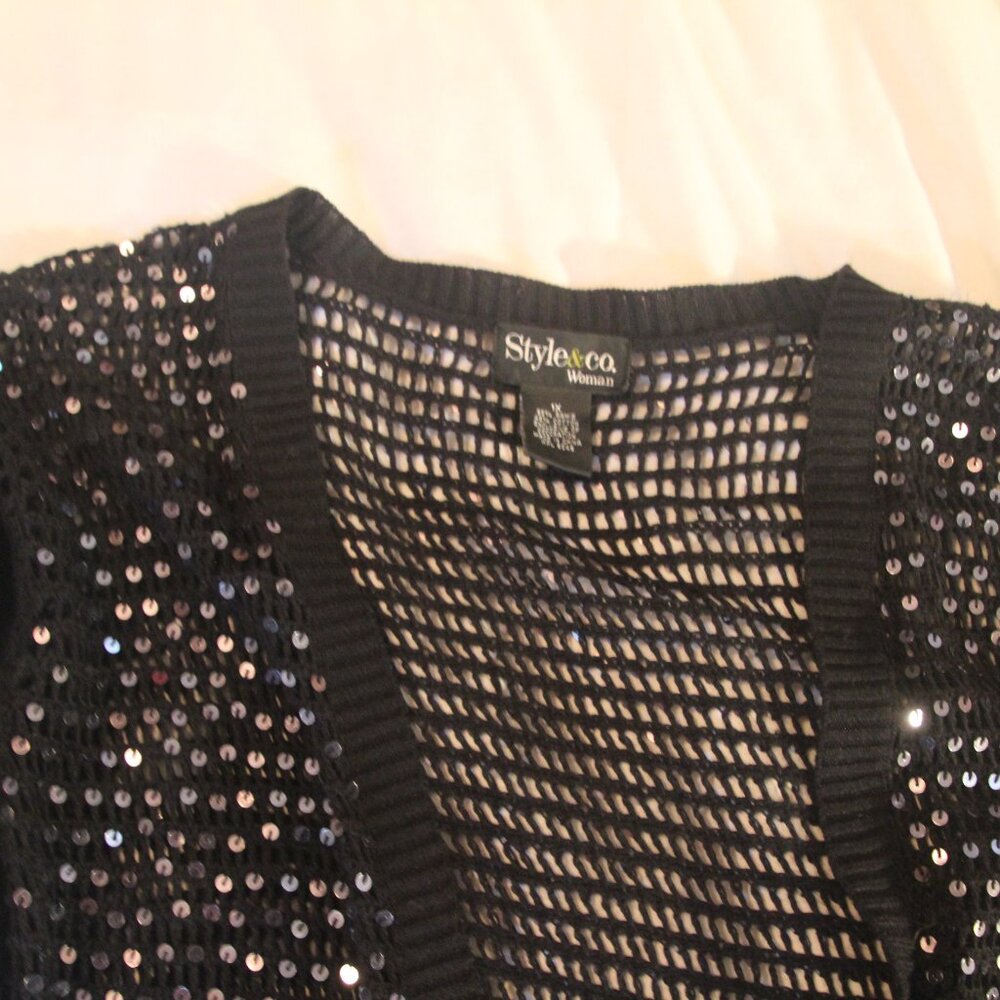 Shrug, long sleeved, black knit with sequins. Sz 1X. Style & Co. Good condition. - Picture 6 of 6